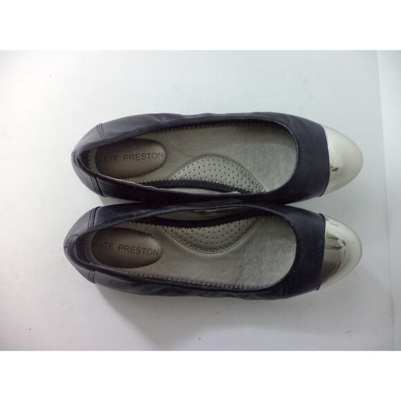 KATE PRESTON US 7.5M BLACK SOFT SMOOTH LEATHER BALLET FLATS SHOE SILVER TOE CAPS - Picture 4 of 7